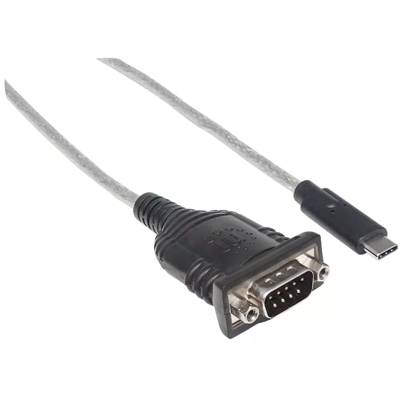 Manhattan USB-C į nuosekliąją jungtį keitiklis, kištukas–kištukas, USB-C į nuoseklųjį/RS232/COM/DB9 prievadą, Prolific PL-2303RA lustas, kabelis 45 cm, sidabrinė/juoda, polietileninis maišelis