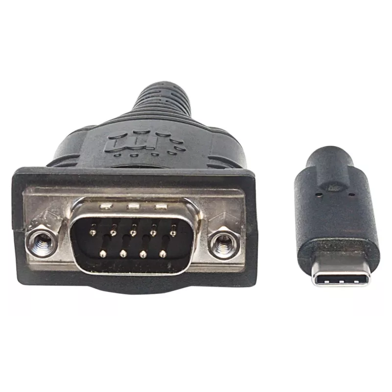 Manhattan USB-C į nuosekliąją jungtį keitiklis, kištukas–kištukas, USB-C į nuoseklųjį/RS232/COM/DB9 prievadą, Prolific PL-2303RA lustas, kabelis 45 cm, sidabrinė/juoda, polietileninis maišelis
