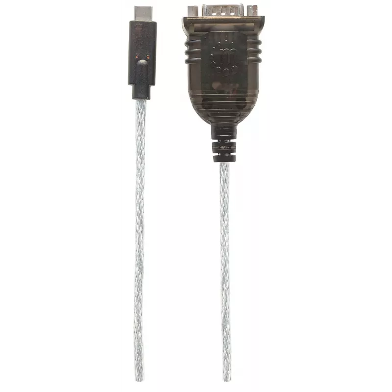 Manhattan USB-C į nuosekliąją jungtį keitiklis, kištukas–kištukas, USB-C į nuoseklųjį/RS232/COM/DB9 prievadą, Prolific PL-2303RA lustas, kabelis 45 cm, sidabrinė/juoda, polietileninis maišelis