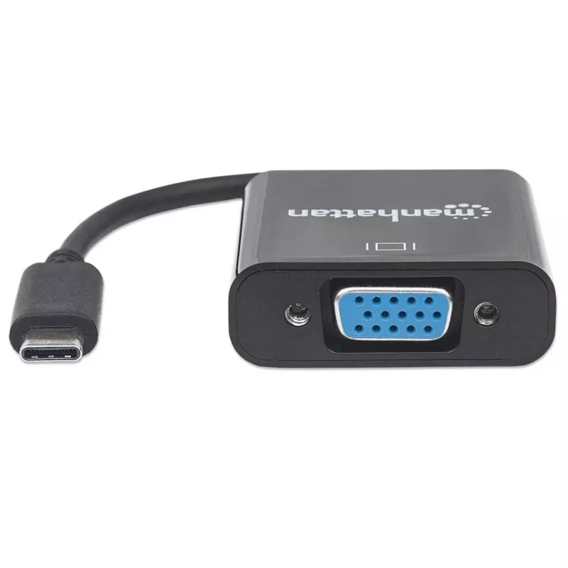 Manhattan USB-C į VGA keitiklio laidas, 1080p@60Hz, juodas, 8cm, kištukas į lizdą, garantija visam laikui, atitinka CDP2HD