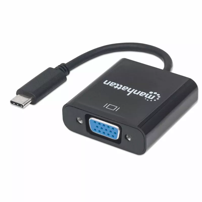 Manhattan USB-C į VGA keitiklio laidas, 1080p@60Hz, juodas, 8cm, kištukas į lizdą, garantija visam laikui, atitinka CDP2HD
