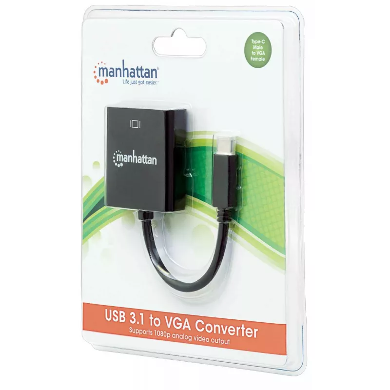 Manhattan USB-C į VGA keitiklio laidas, 1080p@60Hz, juodas, 8cm, kištukas į lizdą, garantija visam laikui, atitinka CDP2HD