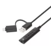 Manhattan USB-C ir USB-A prie 3,5 mm stereogarso adapterio laido, 2 viename, kištukas į lizdą, laidas 1 m, palaiko ausinių mikrofoną ir garso funkciją, CTIA standartas, garsumo ir nutildymo valdymas, juodas