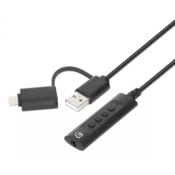 Manhattan USB-C ir USB-A prie 3,5 mm stereogarso adapterio laido, 2 viename, kištukas į lizdą, laidas 1 m, palaiko ausinių mikrofoną ir garso funkciją, CTIA standartas, garsumo ir nutildymo valdymas, juodas
