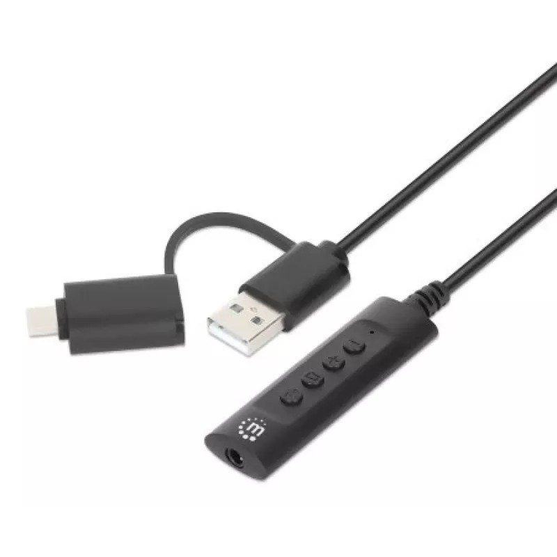 Manhattan USB-C ir USB-A prie 3,5 mm stereogarso adapterio laido, 2 viename, kištukas į lizdą, laidas 1 m, palaiko ausinių mikrofoną ir garso funkciją, CTIA standartas, garsumo ir nutildymo valdymas, juodas