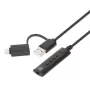Manhattan USB-C ir USB-A prie 3,5 mm stereogarso adapterio laido, 2 viename, kištukas į lizdą, laidas 1 m, palaiko ausinių mikrofoną ir garso funkciją, CTIA standartas, garsumo ir nutildymo valdymas, juodas