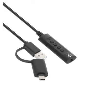 Manhattan USB-C ir USB-A prie 3,5 mm stereogarso adapterio laido, 2 viename, kištukas į lizdą, laidas 1 m, palaiko ausinių mikrofoną ir garso funkciją, CTIA standartas, garsumo ir nutildymo valdymas, juodas