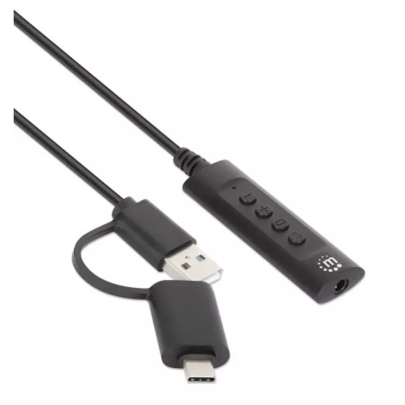 Manhattan USB-C ir USB-A prie 3,5 mm stereogarso adapterio laido, 2 viename, kištukas į lizdą, laidas 1 m, palaiko ausinių mikrofoną ir garso funkciją, CTIA standartas, garsumo ir nutildymo valdymas, juodas