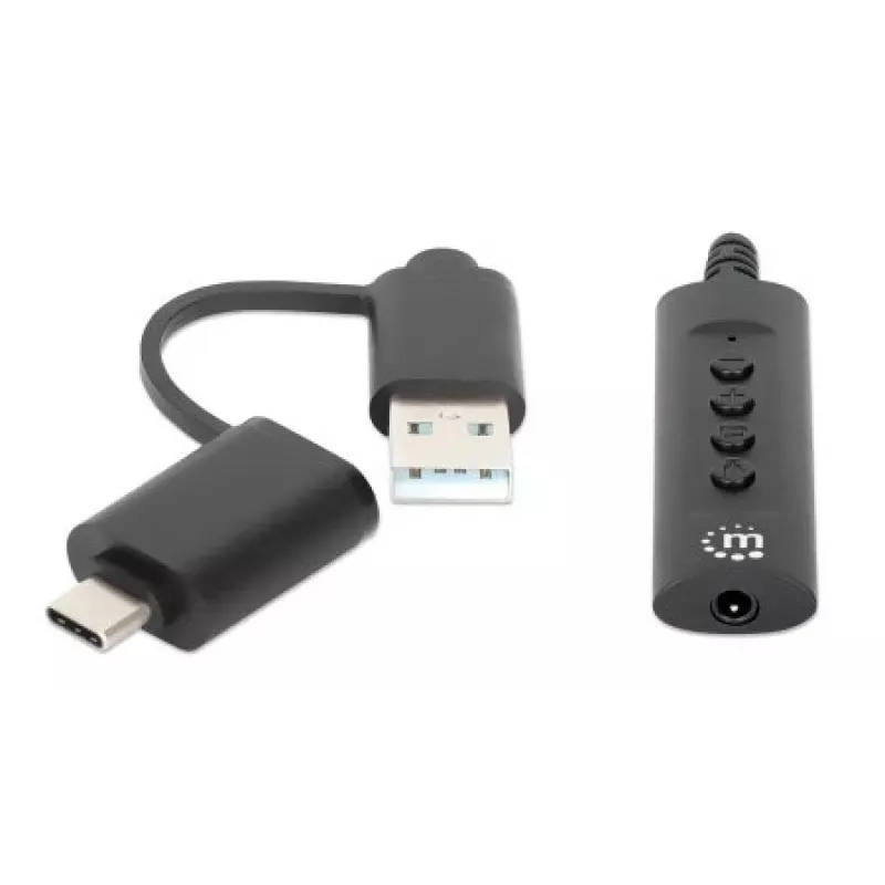 Manhattan USB-C ir USB-A prie 3,5 mm stereogarso adapterio laido, 2 viename, kištukas į lizdą, laidas 1 m, palaiko ausinių mikrofoną ir garso funkciją, CTIA standartas, garsumo ir nutildymo valdymas, juodas