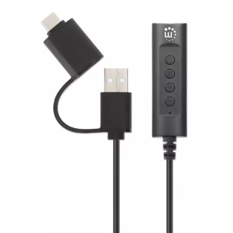 Manhattan USB-C ir USB-A prie 3,5 mm stereogarso adapterio laido, 2 viename, kištukas į lizdą, laidas 1 m, palaiko ausinių mikrofoną ir garso funkciją, CTIA standartas, garsumo ir nutildymo valdymas, juodas