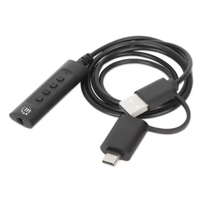 Manhattan USB-C ir USB-A prie 3,5 mm stereogarso adapterio laido, 2 viename, kištukas į lizdą, laidas 1 m, palaiko ausinių mikrofoną ir garso funkciją, CTIA standartas, garsumo ir nutildymo valdymas, juodas