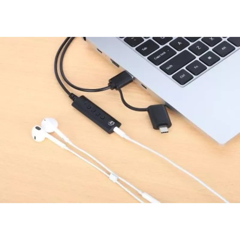 Manhattan USB-C ir USB-A prie 3,5 mm stereogarso adapterio laido, 2 viename, kištukas į lizdą, laidas 1 m, palaiko ausinių mikrofoną ir garso funkciją, CTIA standartas, garsumo ir nutildymo valdymas, juodas
