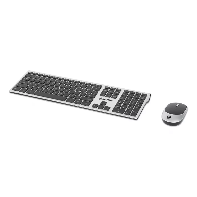 Manhattan One Single USB-A Nano Receiver for Both, Full-Size Wireless klaviatūra, Ambidextrous Optical pelė su Three Buttons and Scroll Wheel, 1200 dpi, Sidabrinė/Juoda