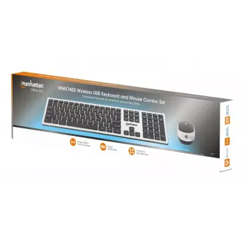 Manhattan One Single USB-A Nano Receiver for Both, Full-Size Wireless klaviatūra, Ambidextrous Optical pelė su Three Buttons and Scroll Wheel, 1200 dpi, Sidabrinė/Juoda