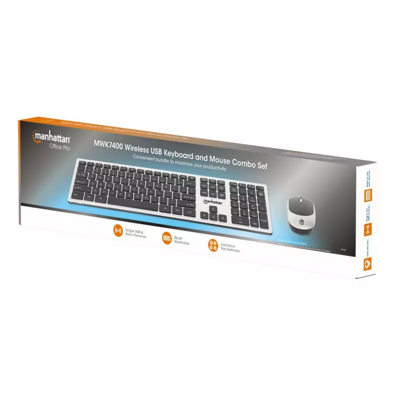 Manhattan One Single USB-A Nano Receiver for Both, Full-Size Wireless klaviatūra, Ambidextrous Optical pelė su Three Buttons and Scroll Wheel, 1200 dpi, Sidabrinė/Juoda