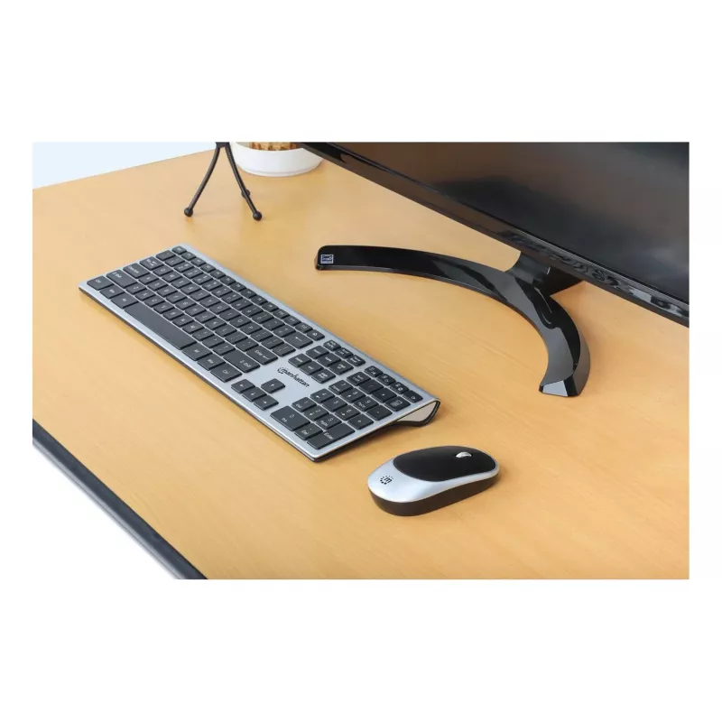 Manhattan One Single USB-A Nano Receiver for Both, Full-Size Wireless klaviatūra, Ambidextrous Optical pelė su Three Buttons and Scroll Wheel, 1200 dpi, Sidabrinė/Juoda