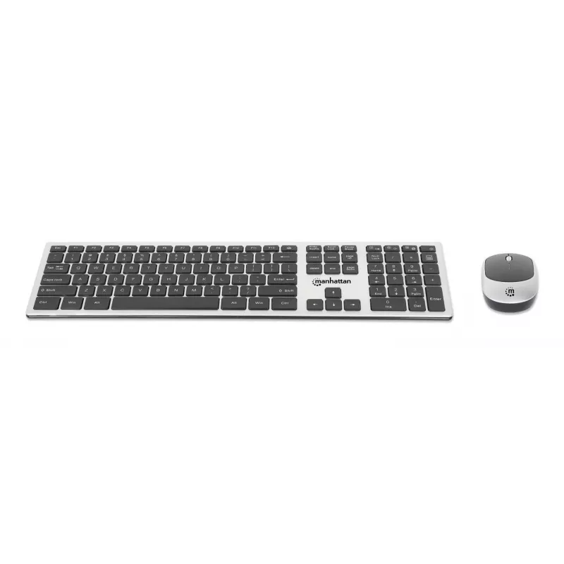 Manhattan One Single USB-A Nano Receiver for Both, Full-Size Wireless klaviatūra, Ambidextrous Optical pelė su Three Buttons and Scroll Wheel, 1200 dpi, Sidabrinė/Juoda