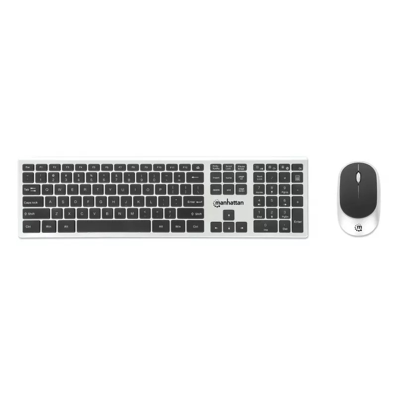 Manhattan One Single USB-A Nano Receiver for Both, Full-Size Wireless klaviatūra, Ambidextrous Optical pelė su Three Buttons and Scroll Wheel, 1200 dpi, Sidabrinė/Juoda