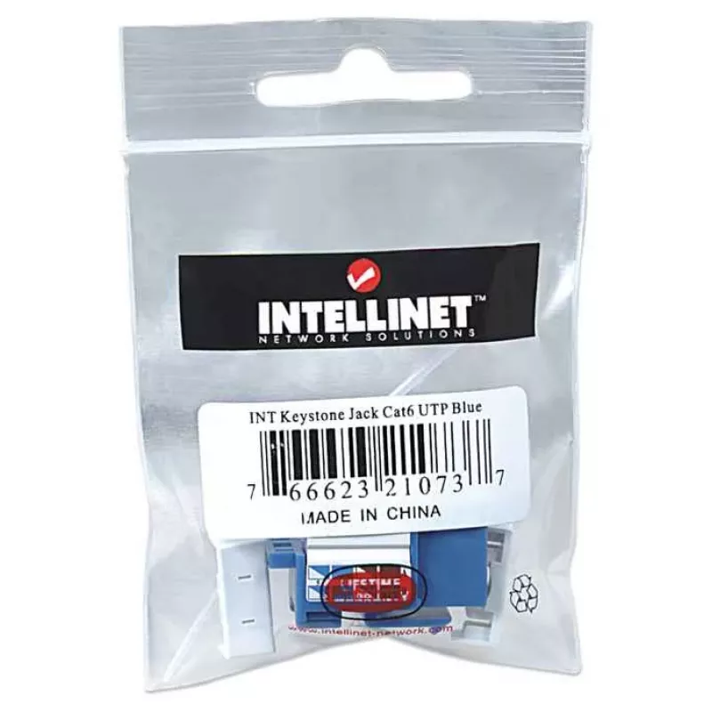 Intellinet Keystone Jack, Cat6, UTP, įspraudžiamasis, mėlynas, plokščias, mėlyna, RJ-45, moteriška, 22/26, Cat6