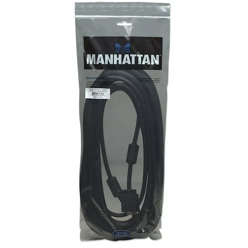 Manhattan VGA monitoriaus laidas (su ferito šerdimis), 10 m, juodas, kištukas–kištukas, HD15, aukštesnės SVGA specifikacijos laidas (visiškai suderinamas), ekranavimas su ferito šerdimis padeda sumažinti EMI trukdžius, kad vaizdo perdavimas būtų geresnis, garantija visam naudojimo laikui