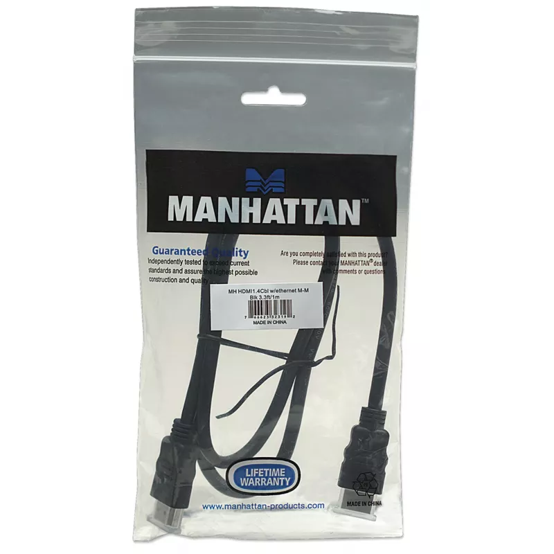 Manhattan HDMI 4K@30Hz laidas su Ethernet, 1 m, tinka VISIEMS 1080p/HD ir daugumai 4K panaudojimo atvejų (patikrinkite savo sistemos 4K specifikaciją, kad būtumėte tikri), kištukas-kištukas, juodas, Ultra HD 4k x 2k, garantija visam laikui, didelės spartos, atitinka HDMM1MHS