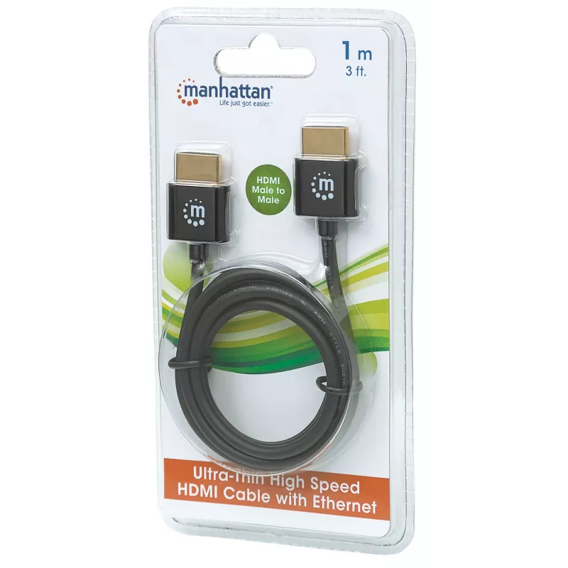 “Manhattan” HDMI laidas su Ethernet palaikymu (itin plonas), 4K@60Hz (Premium High Speed), 1 m (3 pėd.), kištukas-kištukas, juodas, Ultra HD 4k x 2k, pilnai ekranuotas, paauksuoti kontaktai, garantija visam naudojimo laikui