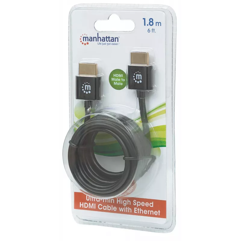 Manhattan HDMI kabelis su eternetu (ultra plonas), 4K@60Hz (Premium High Speed), 1,8 m, kištukas–kištukas, juodas, Ultra HD 4k x 2k, pilnai ekranuotas, paauksuoti kontaktai, garantija visam laikui