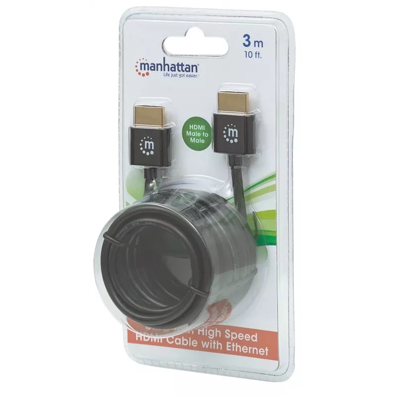 Manhattan HDMI laidas su Ethernet (itin plonas), 4K@60Hz (aukščiausios klasės didelės spartos), 3 m, kištukas–kištukas, juodas, itin didelės raiškos 4K x 2K, visiškai ekranuotas, auksuoti kontaktai, garantija visam naudojimo laikui