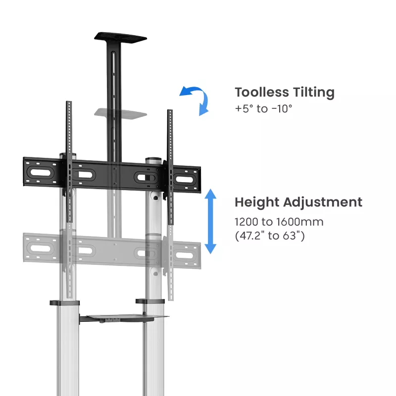Manhattan Trolley Mount Stand for TV & Monitors, For screens: 37 inch to 100 inch,VESA compatibility:all between 200x200 to 1000x600mm -check the dimensions of the four mounting holes on back of screen to ensure it fits,Max 80kg,Height adjustable 1200 to 1600mm,LFD,Bracket