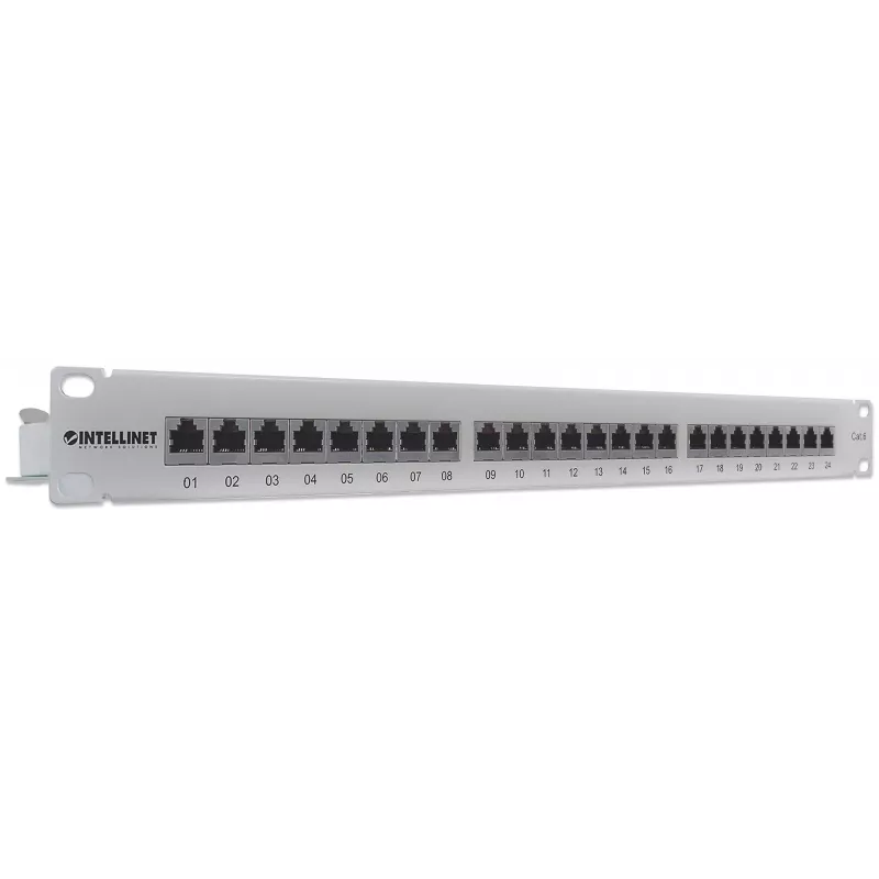 Intellinet Patch Panel, Cat6, FTP, 24 prievadai, 1U, ekranuotas, 90° viršutinės jungties išmušimo blokai, pilka