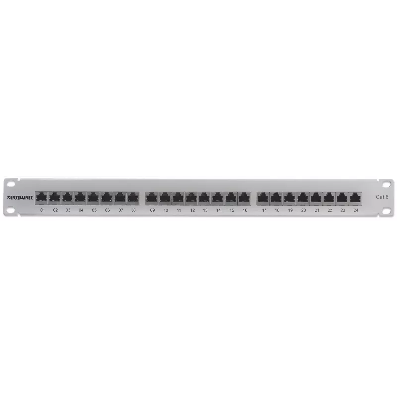 Intellinet Patch Panel, Cat6, FTP, 24 prievadai, 1U, ekranuotas, 90° viršutinės jungties išmušimo blokai, pilka