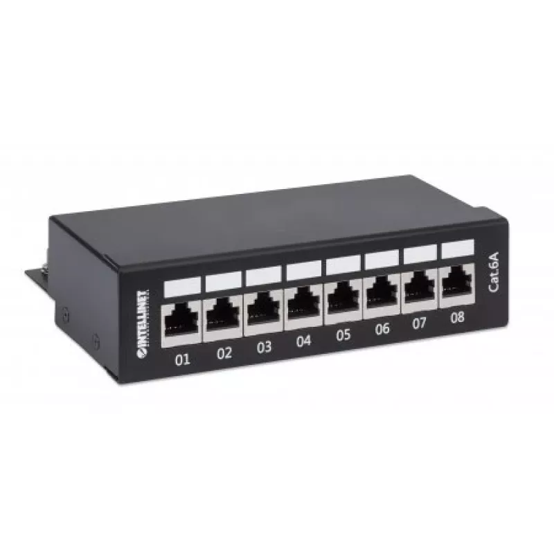 Intellinet pataisų skydelis, Cat6a, FTP, 8 prievadų, stalinis, ekranuotas, 90° viršutinio įvado sujungimo blokai, juodas