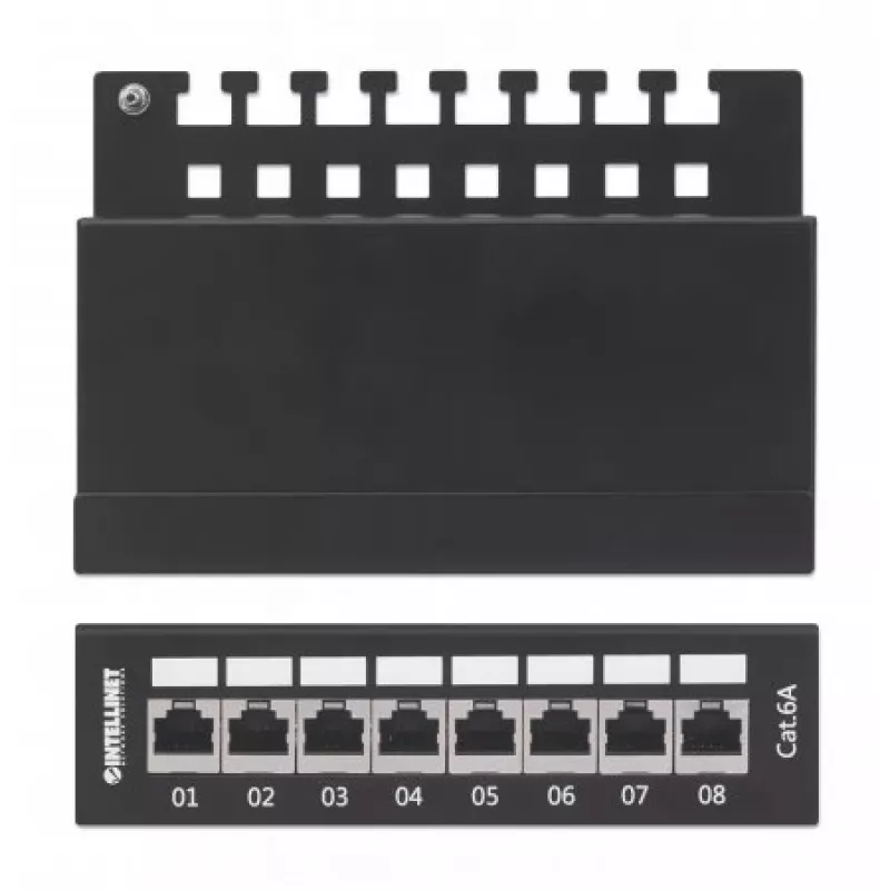 Intellinet pataisų skydelis, Cat6a, FTP, 8 prievadų, stalinis, ekranuotas, 90° viršutinio įvado sujungimo blokai, juodas
