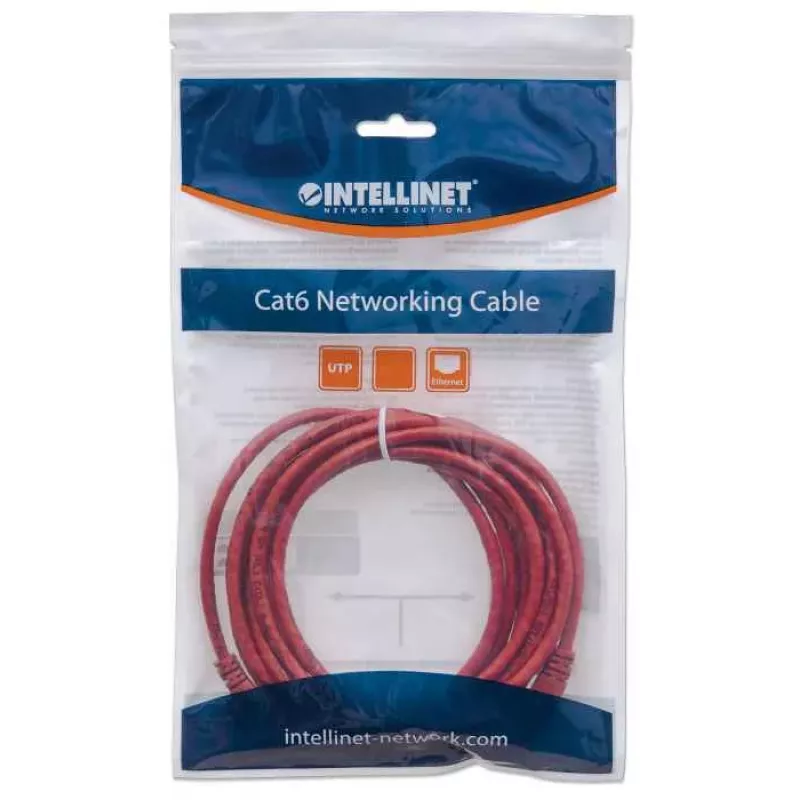 “Intellinet” tinklo kabelis, Cat6, 0,5 m, raudonas, CCA, U/UTP, PVC, RJ45, auksuoti kontaktai, nesikabinantis, su apsaugine mova, garantija visam naudojimo laikui