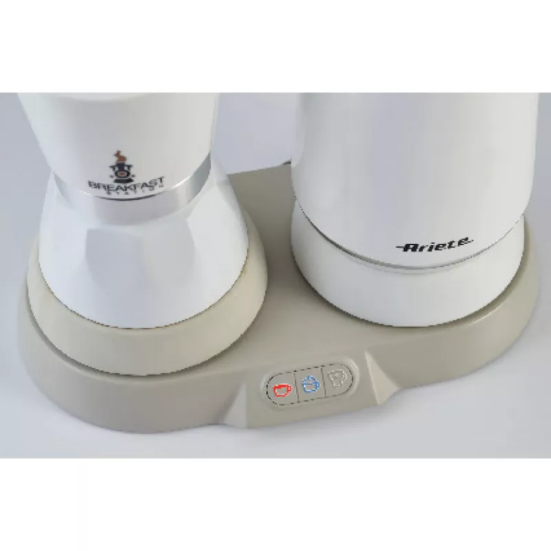 Ariete 1344 Breakfast Station, 3 produktai viename: Moka kavos virimo aparatas, virdulys, karšto ir šalto pieno putoklis, 500 W, 2/4 puodeliai, išlaiko kavą karštą, 5 funkcijos, baltas