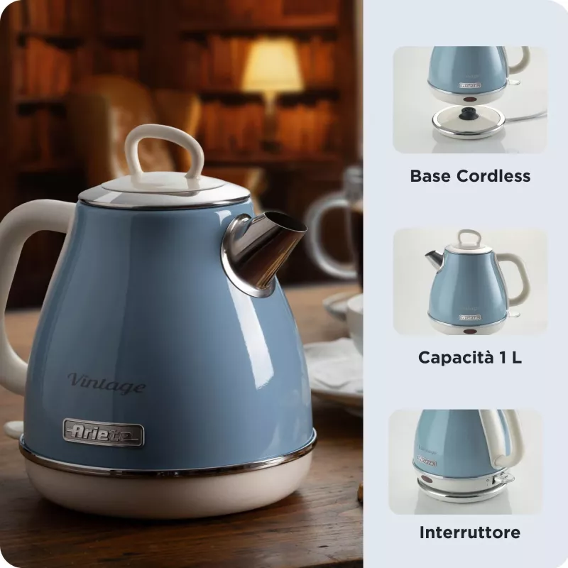 Ariete 2869 Vintage elektrinis virdulys, nerūdijantis plienas, 1,7 l, automatinis išsijungimas, 2000 W, vandeniui, arbatai ir žolelių gėrimams, pastelinė mėlyna