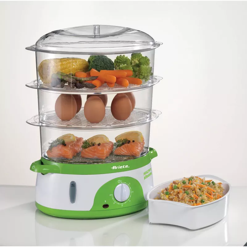 Ariete 911 Healthy Steam - Elektrinis garintuvas - 3 krepšiai - Ryžių indas - Laikmatis 60 min - 800 W - 9 litrai - Balta ir žalia
