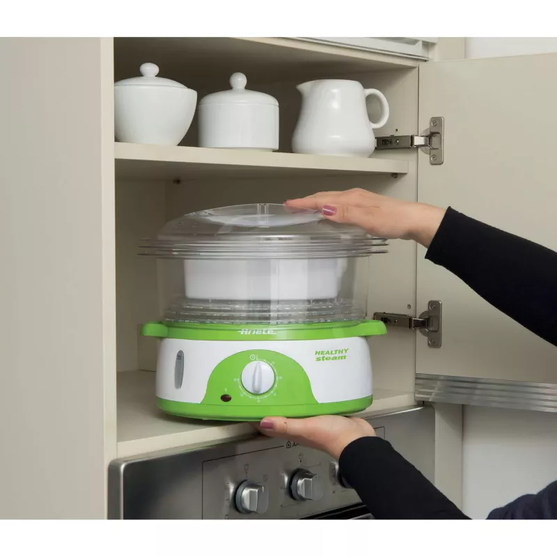 Ariete 911 Healthy Steam - Elektrinis garintuvas - 3 krepšiai - Ryžių indas - Laikmatis 60 min - 800 W - 9 litrai - Balta ir žalia
