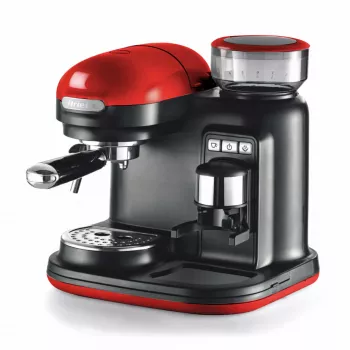 Ariete 1318 Moderna espreso aparatas su integruota kavamale, kavos pupelėms ir maltai kavai, pieno putoklis kapučino ruošimui, 1 ir 2 puodelių filtras, 1080 W, 800 ml, raudonas