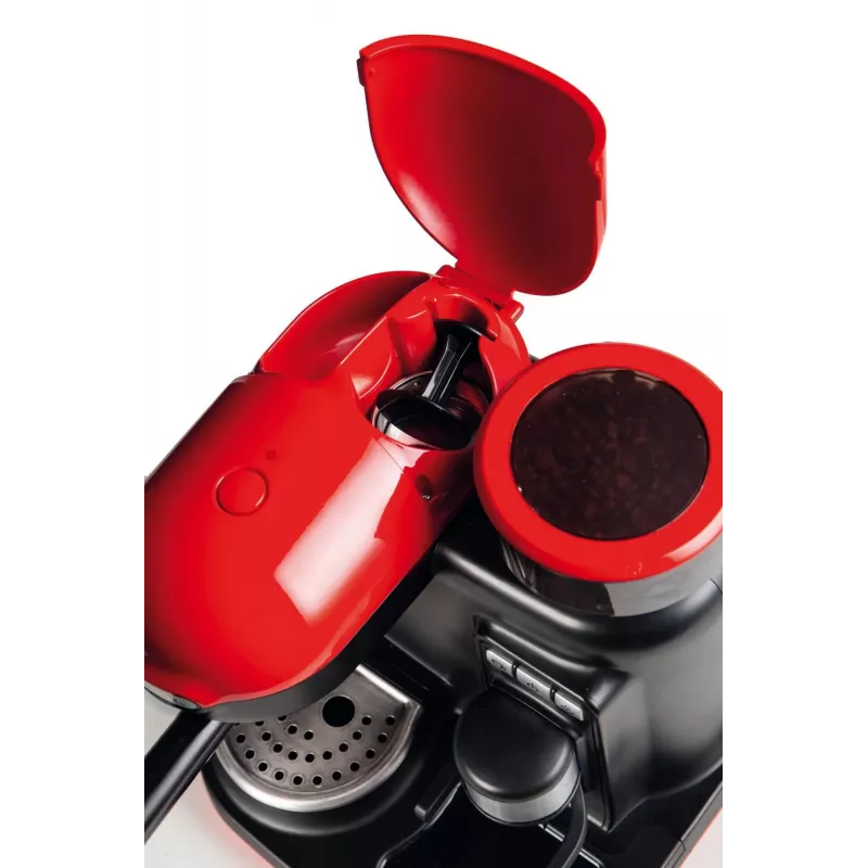 Ariete 1318 Moderna espreso aparatas su integruota kavamale, kavos pupelėms ir maltai kavai, pieno putoklis kapučino ruošimui, 1 ir 2 puodelių filtras, 1080 W, 800 ml, raudonas