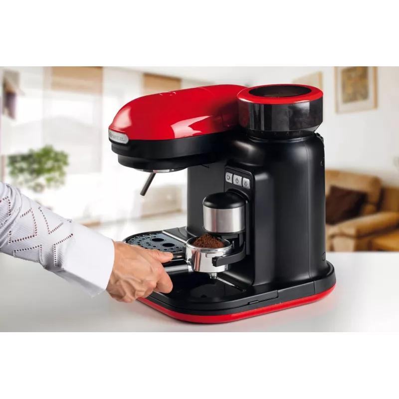 Ariete 1318 Moderna espreso aparatas su integruota kavamale, kavos pupelėms ir maltai kavai, pieno putoklis kapučino ruošimui, 1 ir 2 puodelių filtras, 1080 W, 800 ml, raudonas