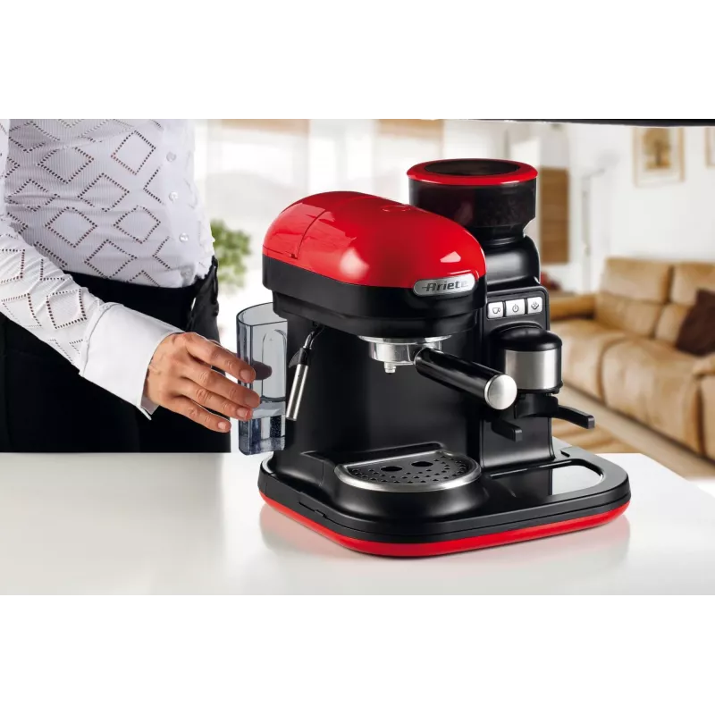 Ariete 1318 Moderna espreso aparatas su integruota kavamale, kavos pupelėms ir maltai kavai, pieno putoklis kapučino ruošimui, 1 ir 2 puodelių filtras, 1080 W, 800 ml, raudonas