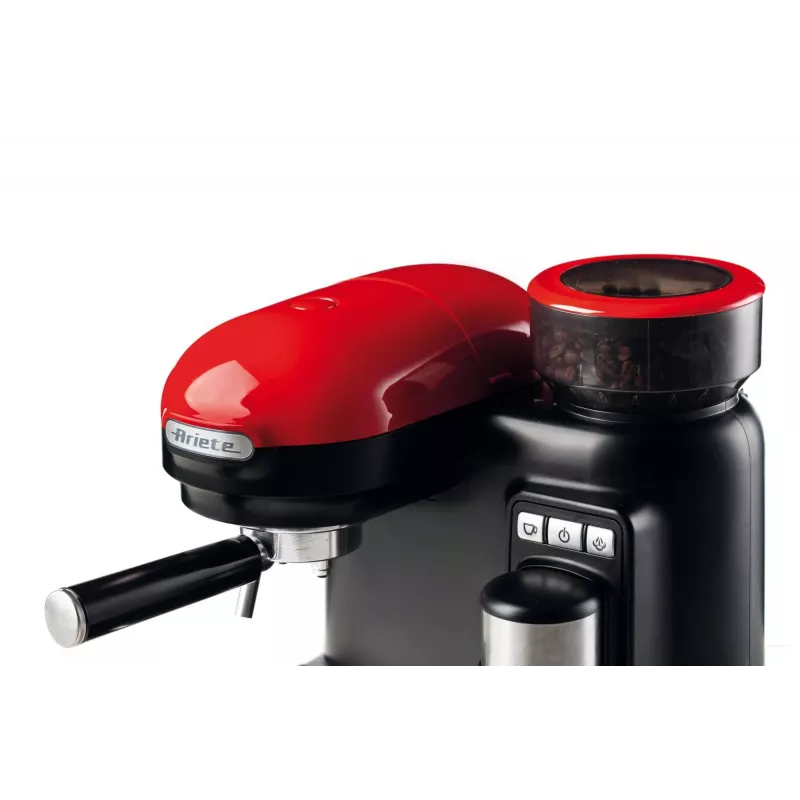 Ariete 1318 Moderna espreso aparatas su integruota kavamale, kavos pupelėms ir maltai kavai, pieno putoklis kapučino ruošimui, 1 ir 2 puodelių filtras, 1080 W, 800 ml, raudonas