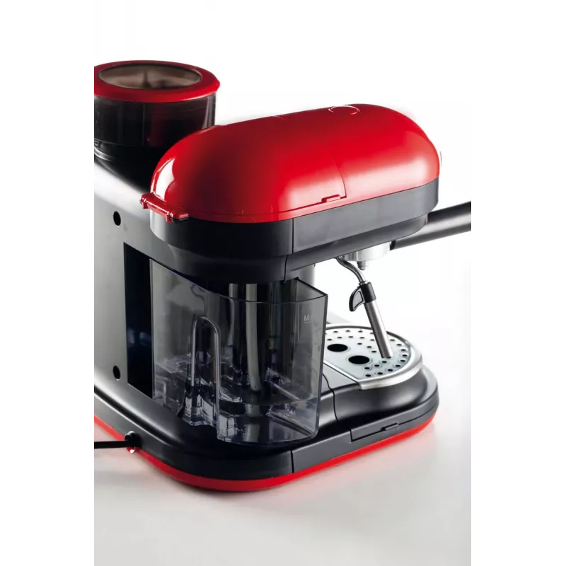 Ariete 1318 Moderna espreso aparatas su integruota kavamale, kavos pupelėms ir maltai kavai, pieno putoklis kapučino ruošimui, 1 ir 2 puodelių filtras, 1080 W, 800 ml, raudonas