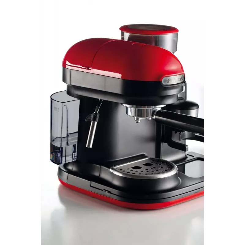 Ariete 1318 Moderna espreso aparatas su integruota kavamale, kavos pupelėms ir maltai kavai, pieno putoklis kapučino ruošimui, 1 ir 2 puodelių filtras, 1080 W, 800 ml, raudonas