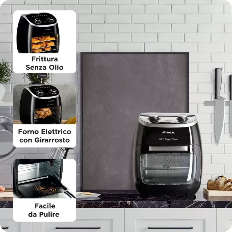 Ariete 4619 Airy Fryer Oven - karšto oro gruzdintuvė ir elektrinė orkaitė su iešmu - besisukantis krepšys - džiovintuvas - 2000 W - 11 l - plieninė