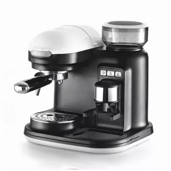 Ariete 1318 Moderna Espresso kavos aparatas su integruota kavos malūnėliu, kavos pupelėms ir maltai kavai, pieno putotuvas kapučino ruošimui, 1 ir 2 puodelių filtras, 1080 W, 800 ml, baltas