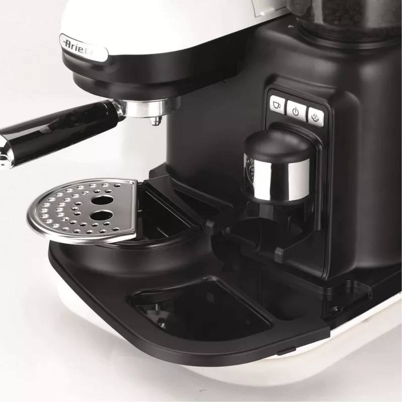 Ariete 1318 Moderna Espresso kavos aparatas su integruota kavos malūnėliu, kavos pupelėms ir maltai kavai, pieno putotuvas kapučino ruošimui, 1 ir 2 puodelių filtras, 1080 W, 800 ml, baltas