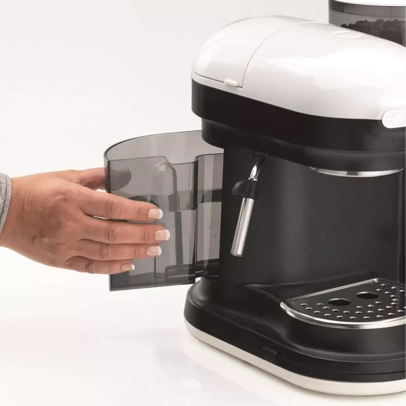 Ariete 1318 Moderna Espresso kavos aparatas su integruota kavos malūnėliu, kavos pupelėms ir maltai kavai, pieno putotuvas kapučino ruošimui, 1 ir 2 puodelių filtras, 1080 W, 800 ml, baltas