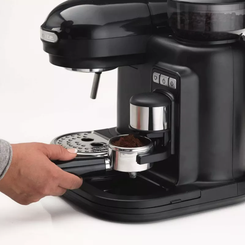 Ariete 1318 Moderna espreso aparatas su integruota kavos malūnėliu, kavos pupelėms ir maltai kavai, pieno putojimo cappuccino ruošėjas, 1 ir 2 puodelių filtras, 1080 W, 800 cc, juoda